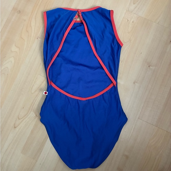 Blue Sleeveless Yumiko Larissa Leotard with Red Trim XS - Picture 2 of 2